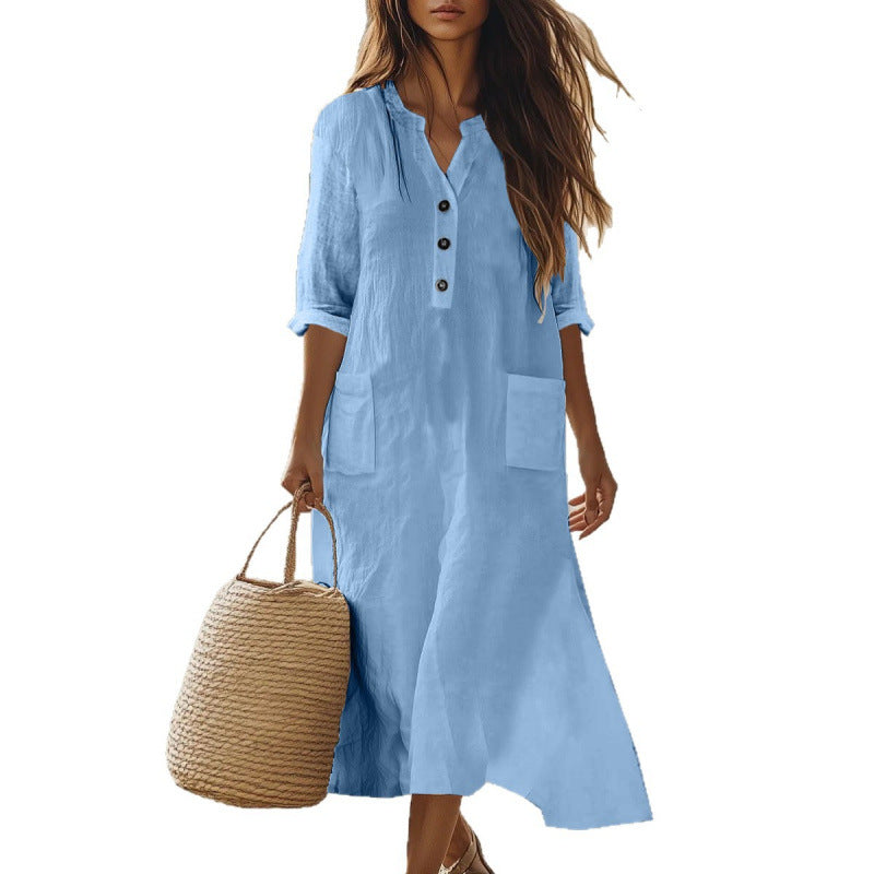 Kaftan dress with linen look henley neckline and pockets for women