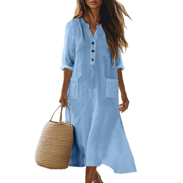 Kaftan dress with linen look henley neckline and pockets for women