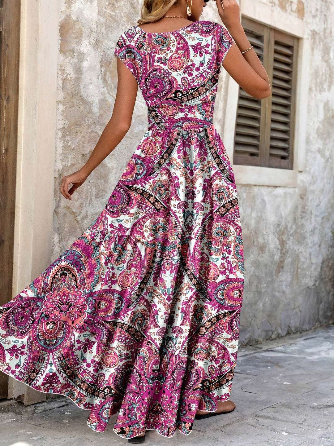 Paisley print maxi dress with gathered waist for women