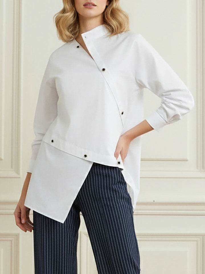 Cotton asymmetric shirt with split front and buttons for women