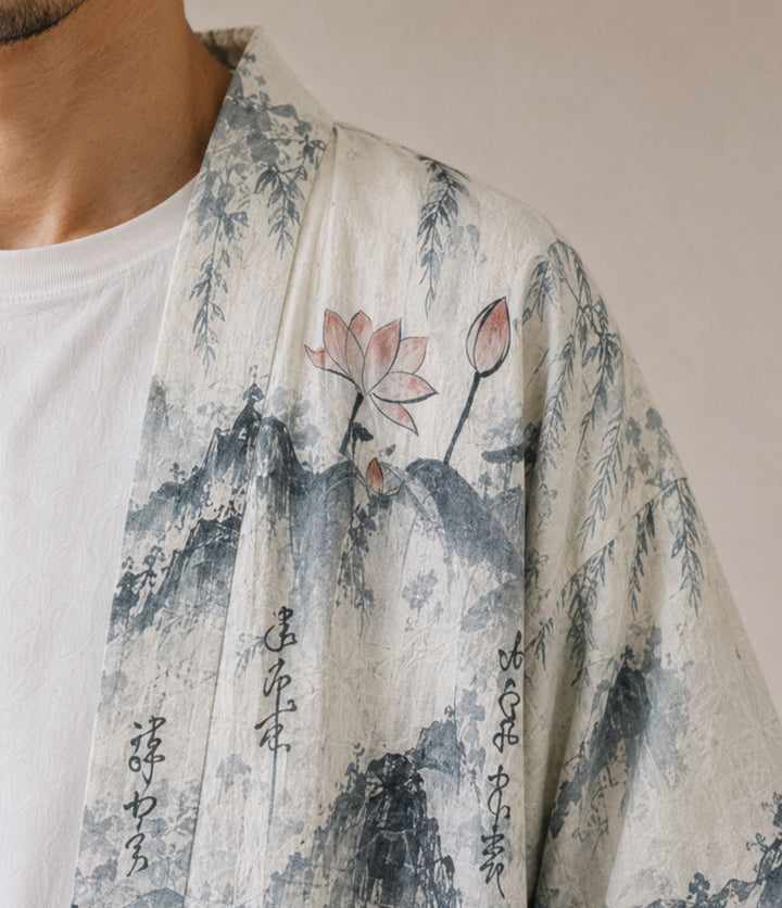 Haori kimono jacket with willow print and open front for women