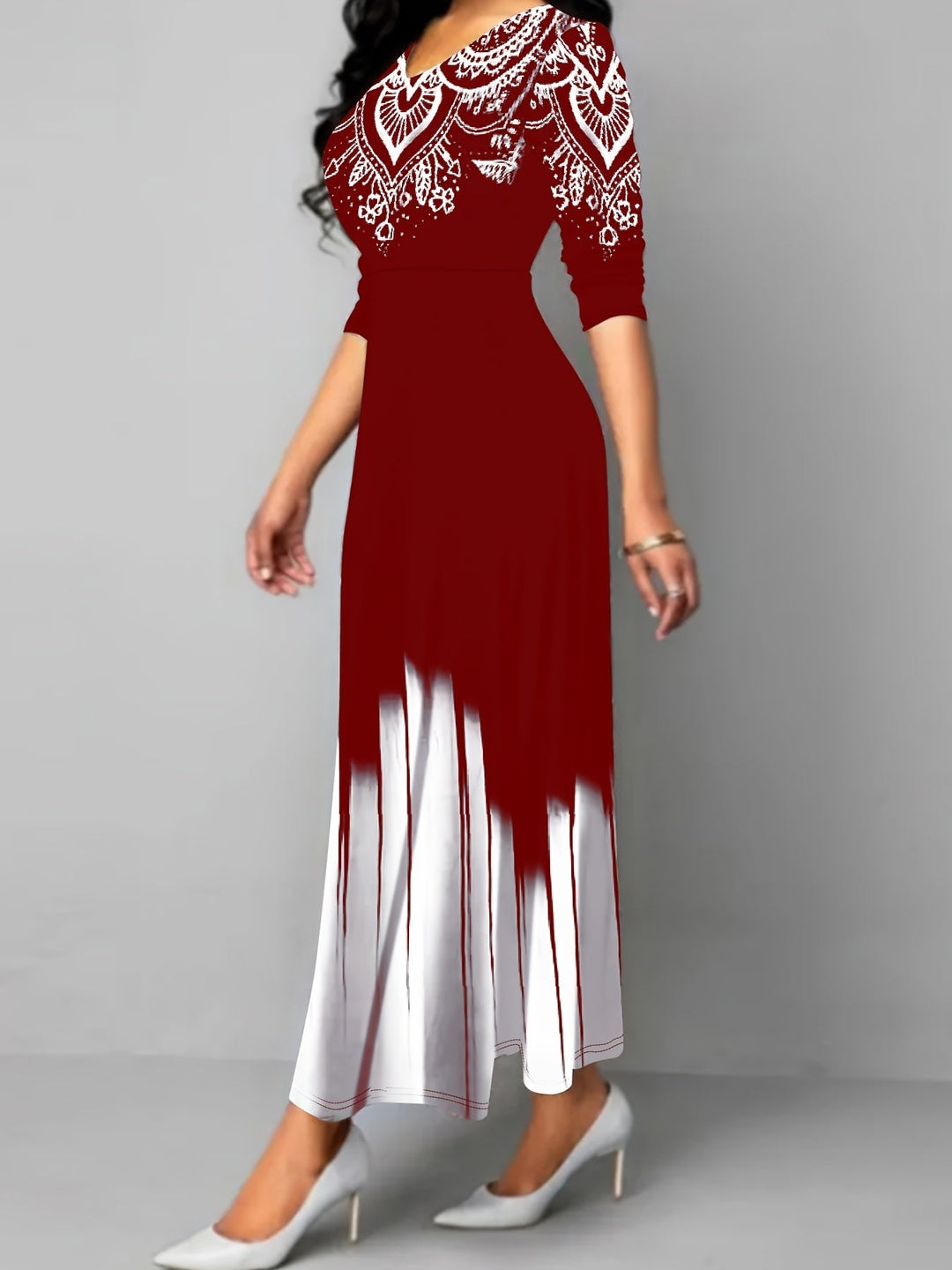 Ornamental print maxi dress with flared skirt for women