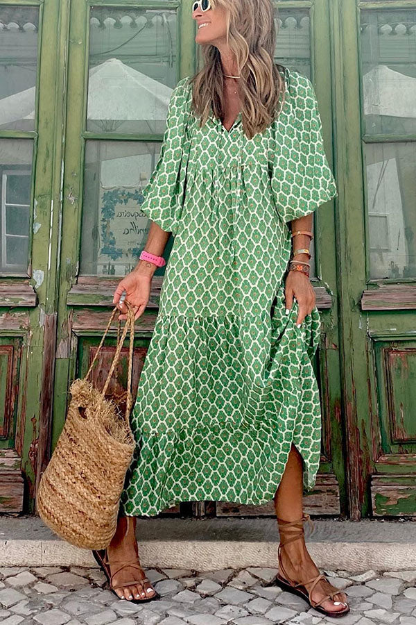 Tiered puff sleeve V-neck long dress for women