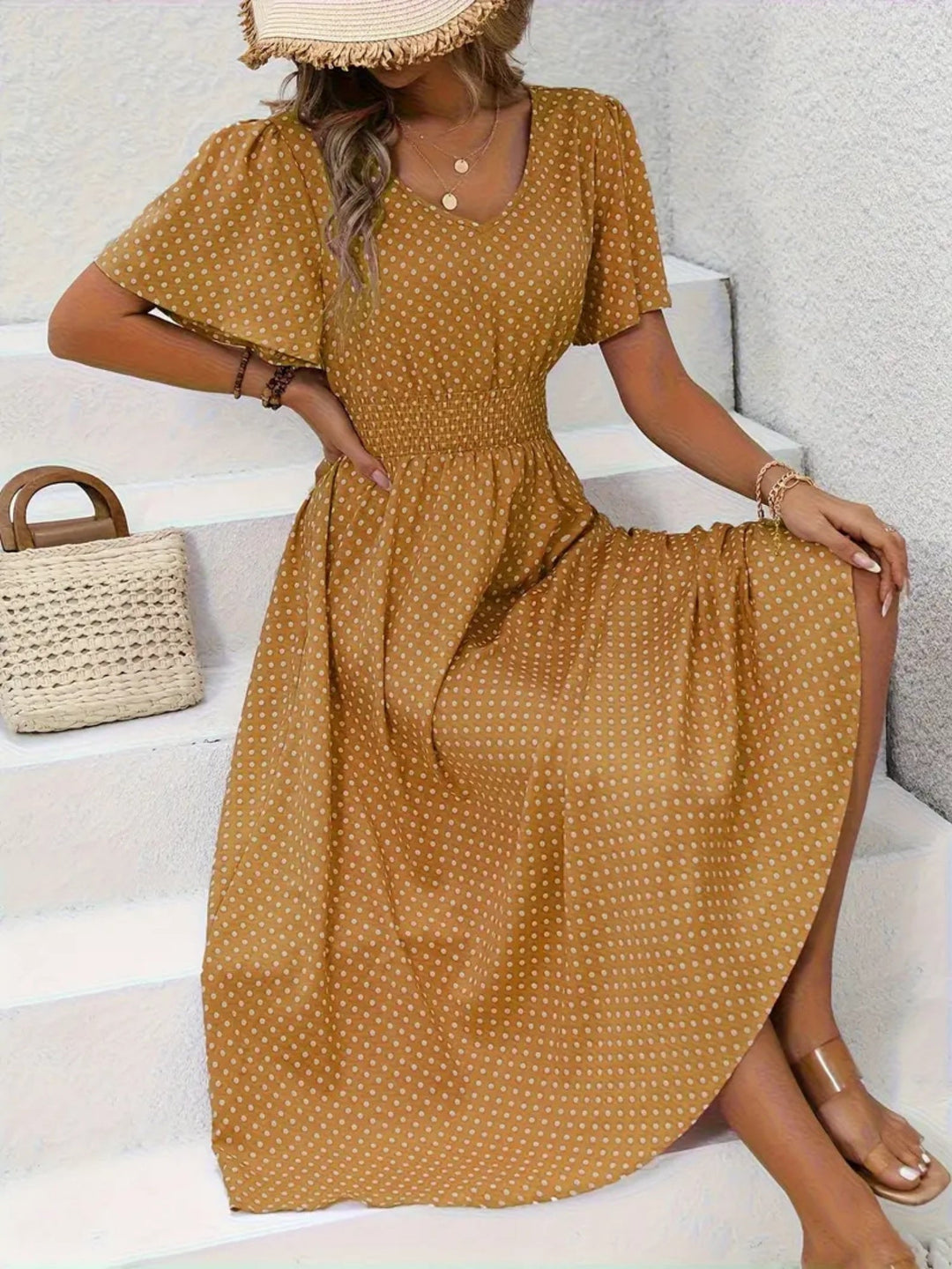 Polka dot maxi dress with flutter sleeves and shaped waist for women