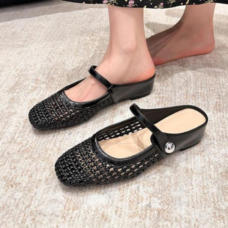 Woven mule flats with Mary Jane strap for women
