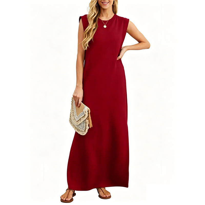 Sleeveless crew neck maxi dress with side pockets and slits for women