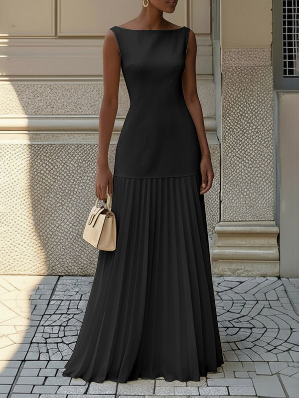 Pleated maxi dress sleeveless boat neck gauze for women