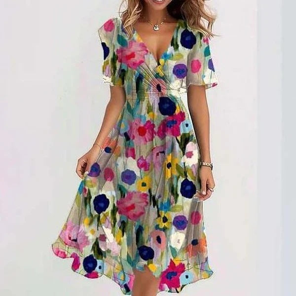 Printed short sleeve dress with V-neck and asymmetric hem for women