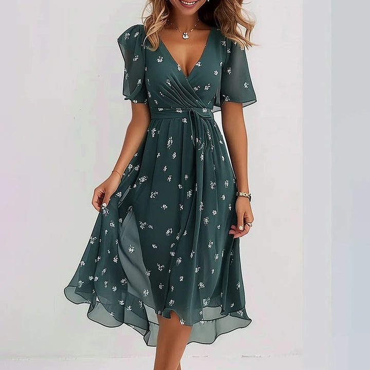 Printed short sleeve dress with V-neck and asymmetric hem for women