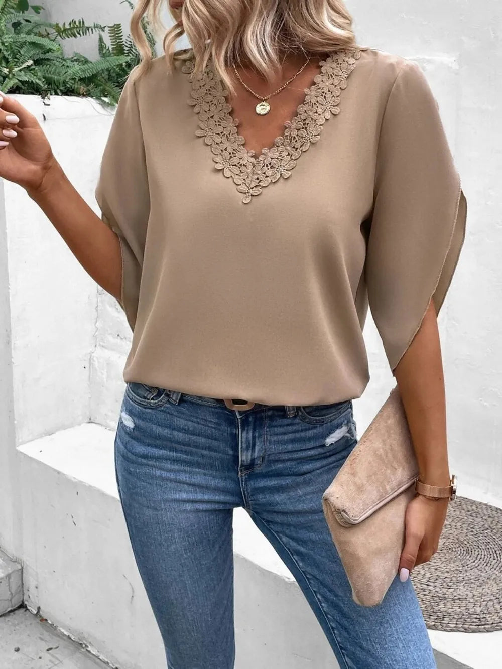 Lace trim V-neck blouse half sleeve for women