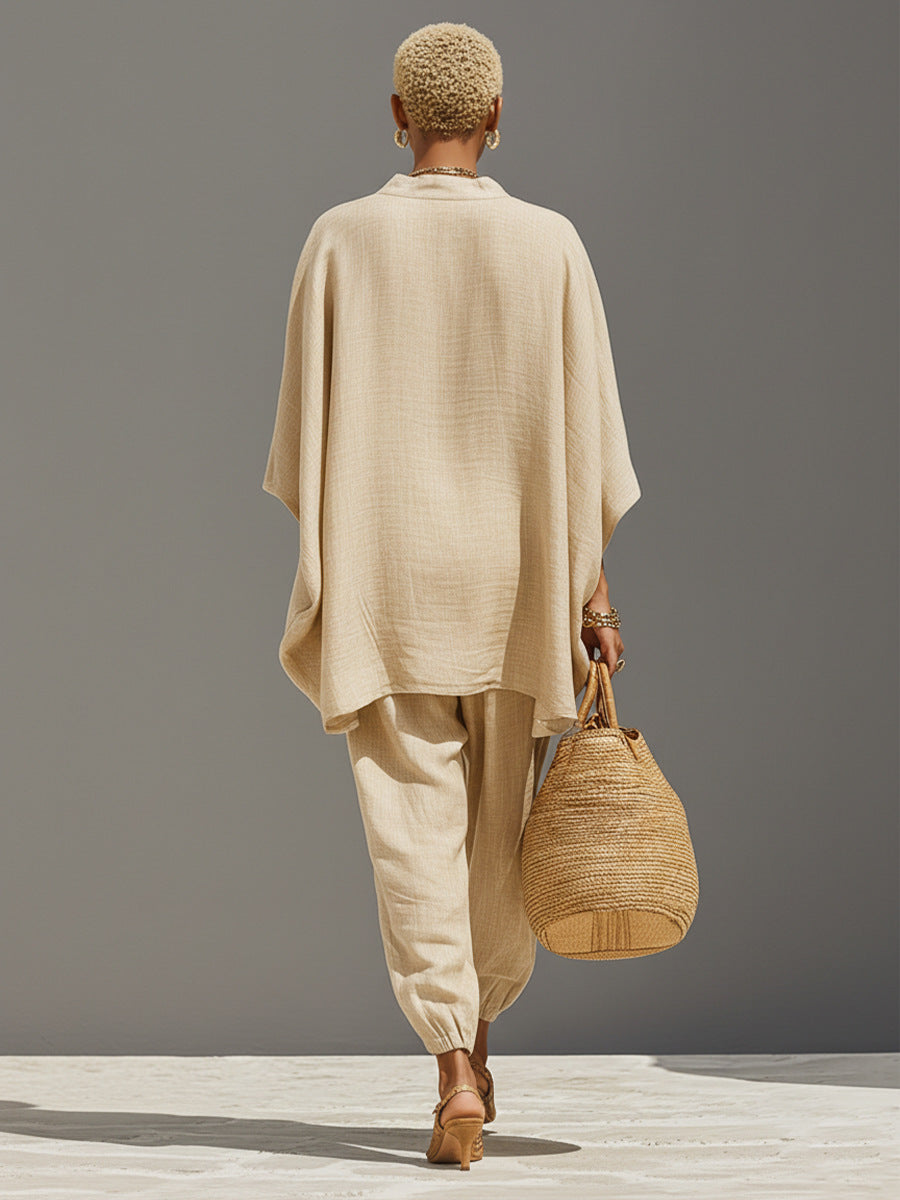 Linen blend two-piece set with oversized V-neck tunic and jogger pants for women