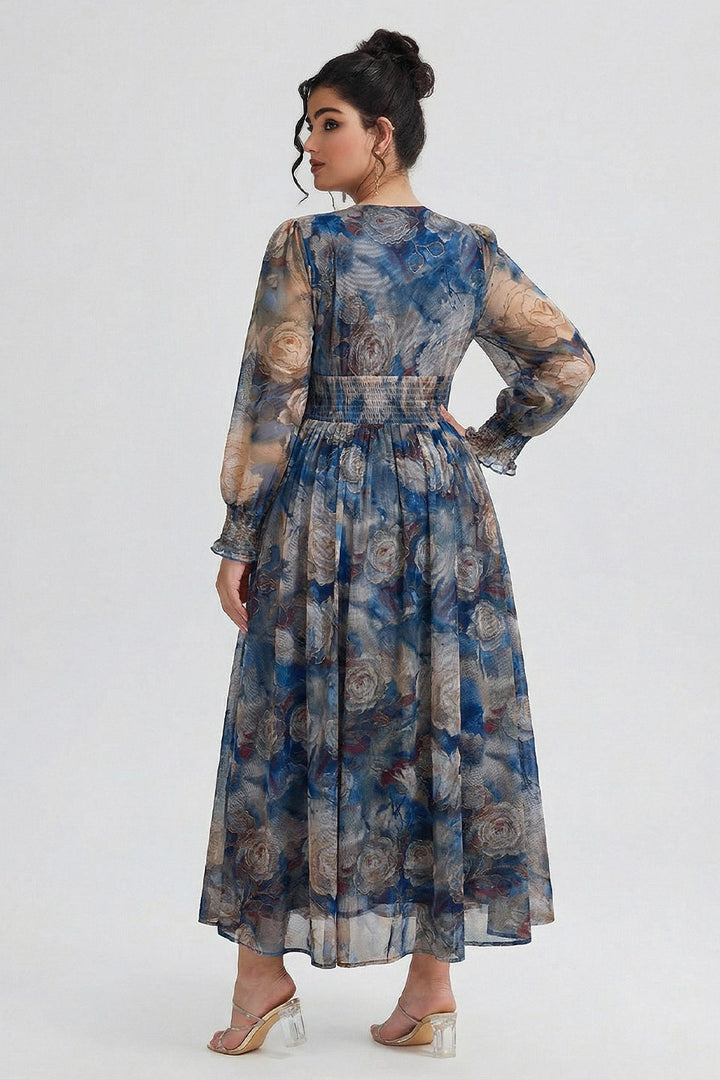 Plus size long sleeve maxi dress with floral waist for women