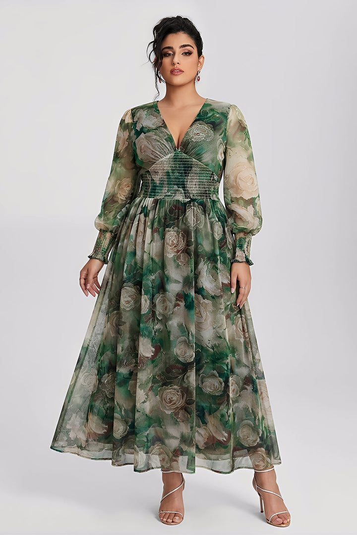 Plus size long sleeve maxi dress with floral waist for women