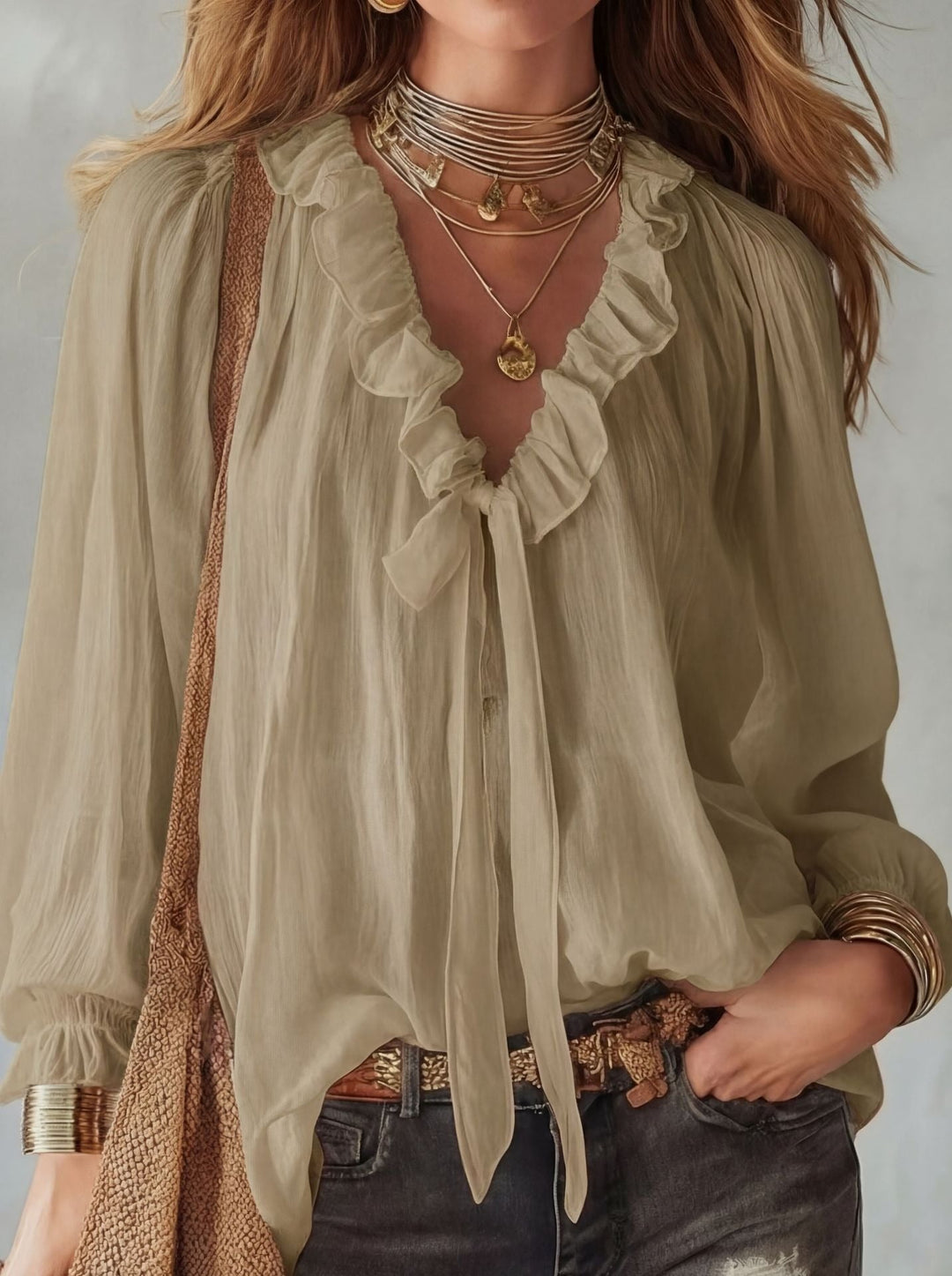 Ruffle tie neck blouse with lantern sleeves and crinkle texture for women