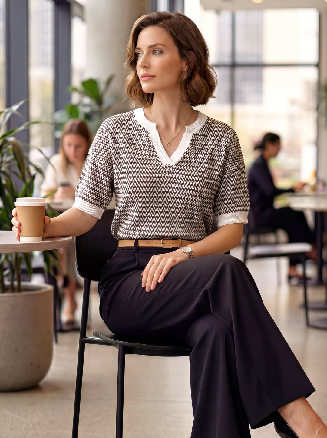Striped cotton polo knit top with V-neck and short sleeves for women