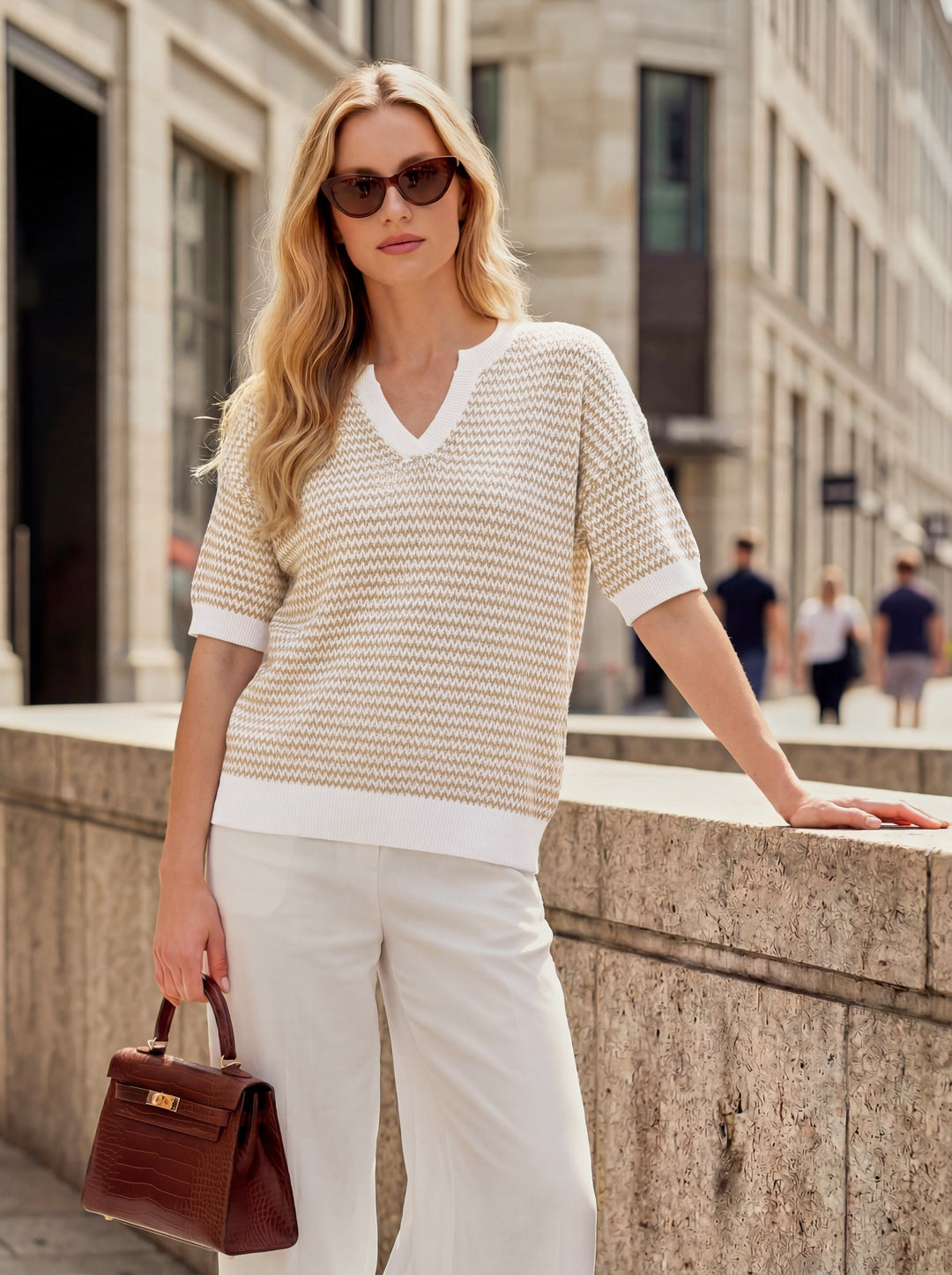 Striped cotton polo knit top with V-neck and short sleeves for women