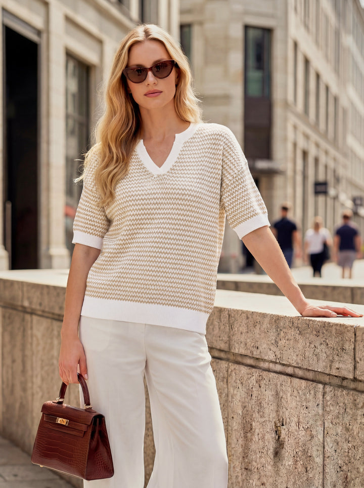 Striped cotton polo knit top with V-neck and short sleeves for women
