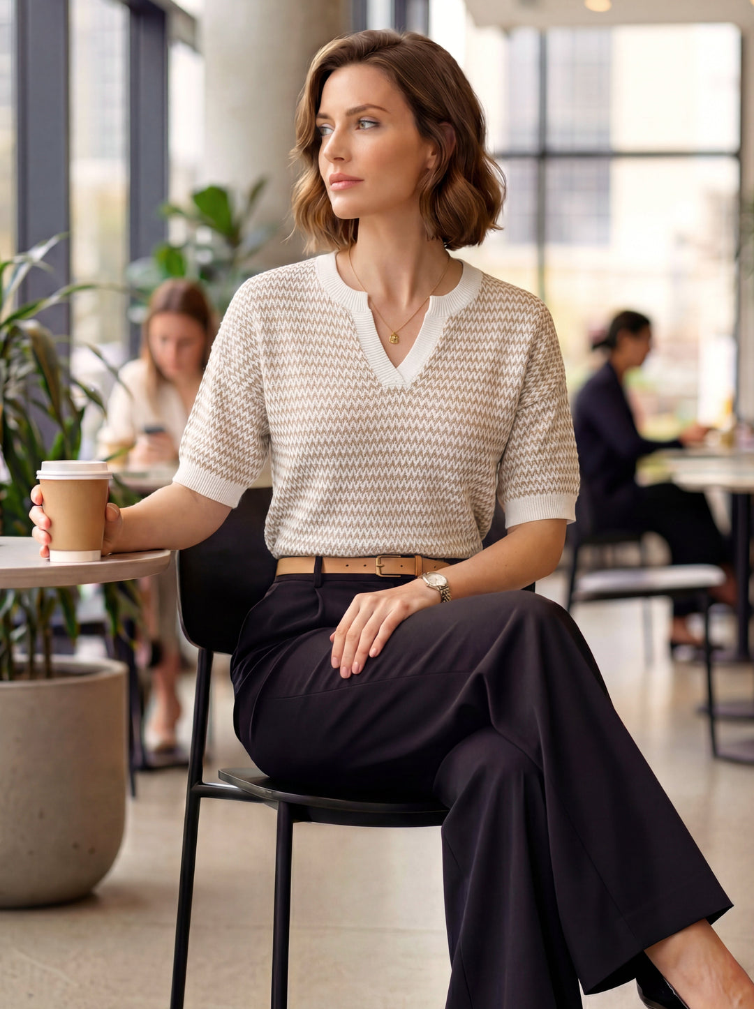 Striped cotton polo knit top with V-neck and short sleeves for women