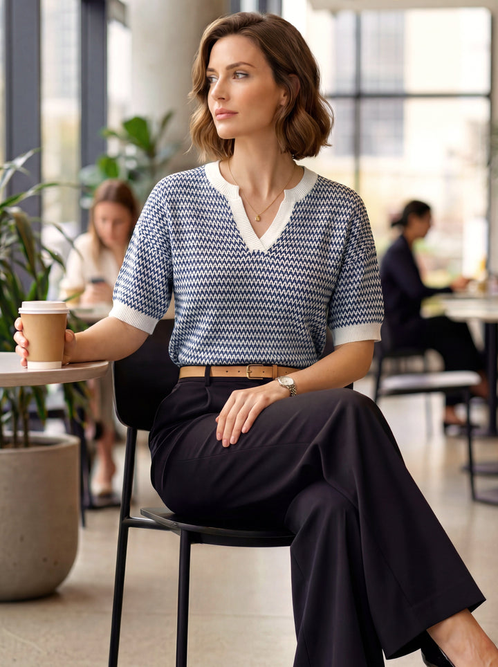 Striped cotton polo knit top with V-neck and short sleeves for women