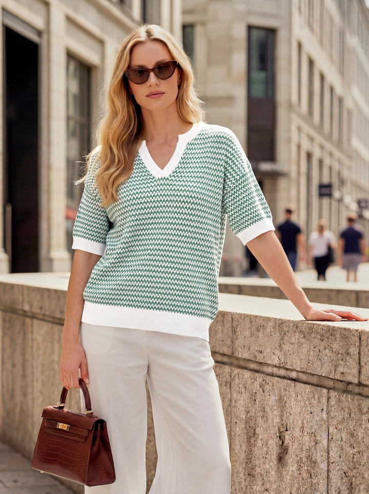 Striped cotton polo knit top with V-neck and short sleeves for women