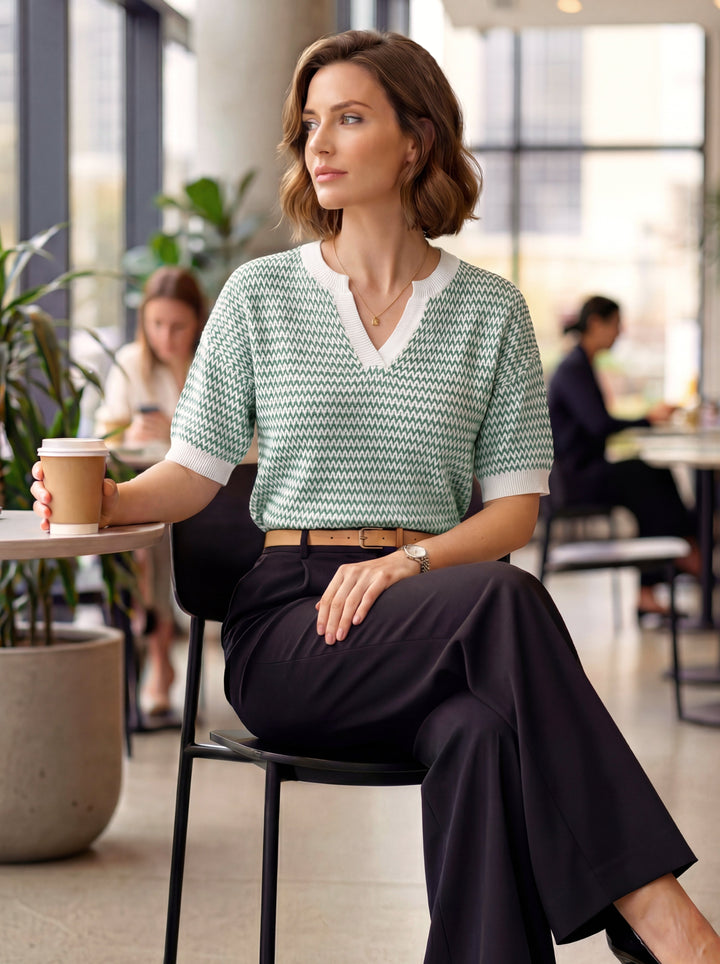 Striped cotton polo knit top with V-neck and short sleeves for women