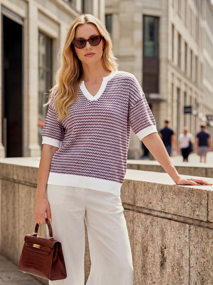 Striped cotton polo knit top with V-neck and short sleeves for women