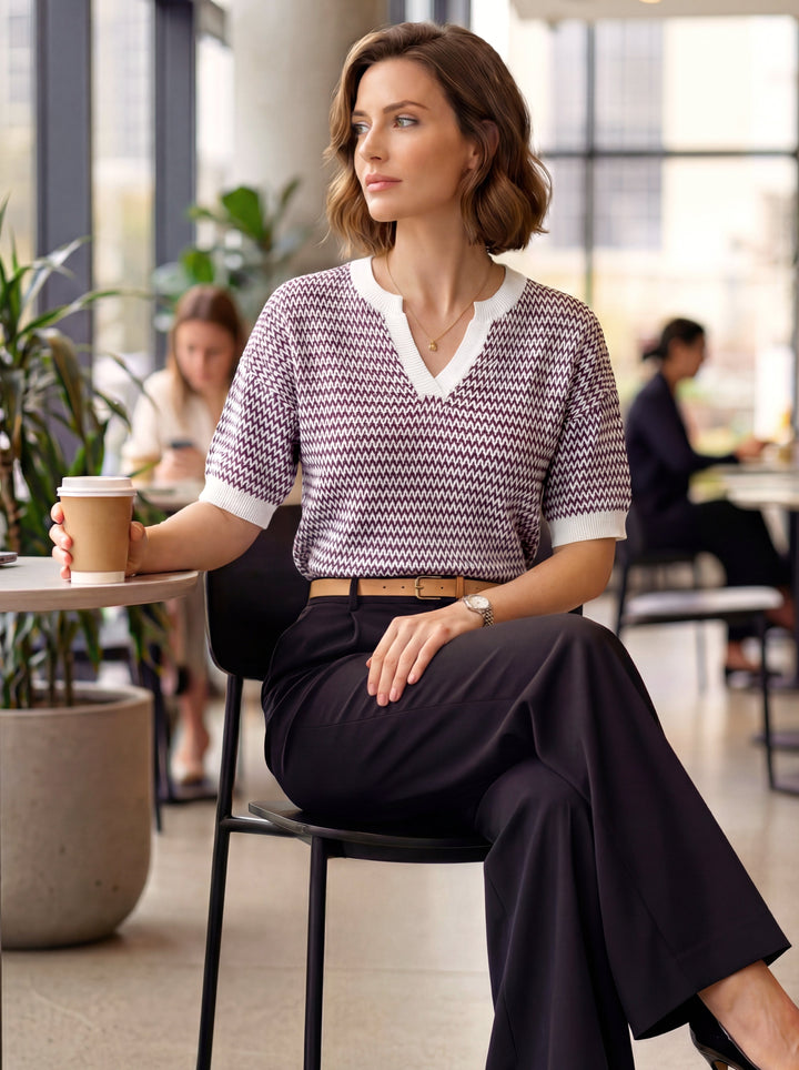 Striped cotton polo knit top with V-neck and short sleeves for women