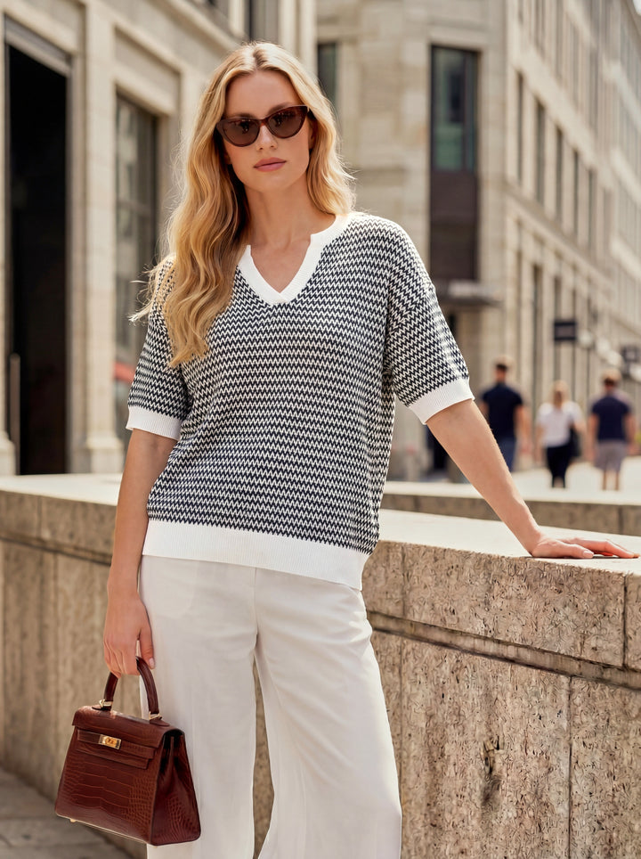 Striped cotton polo knit top with V-neck and short sleeves for women