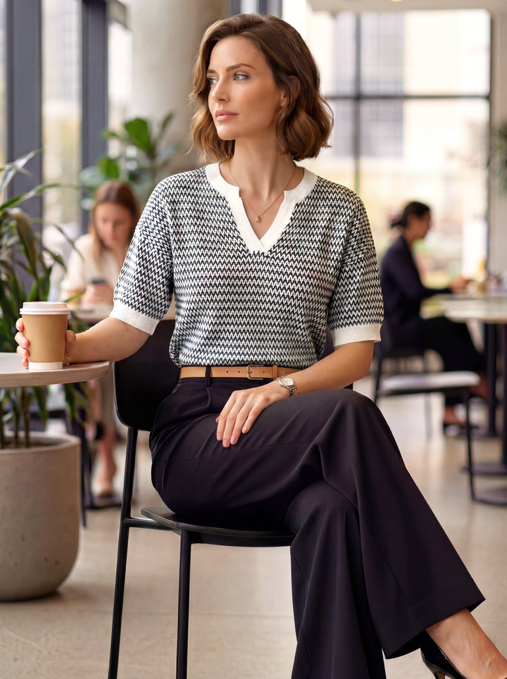 Striped cotton polo knit top with V-neck and short sleeves for women