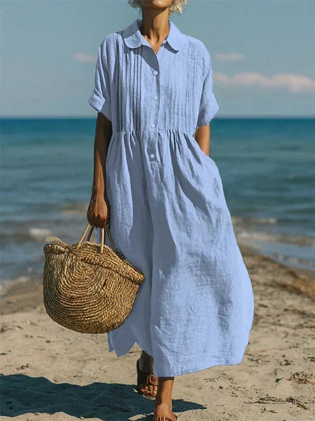 Casual button-down dress with relaxed fit and mid sleeves for women