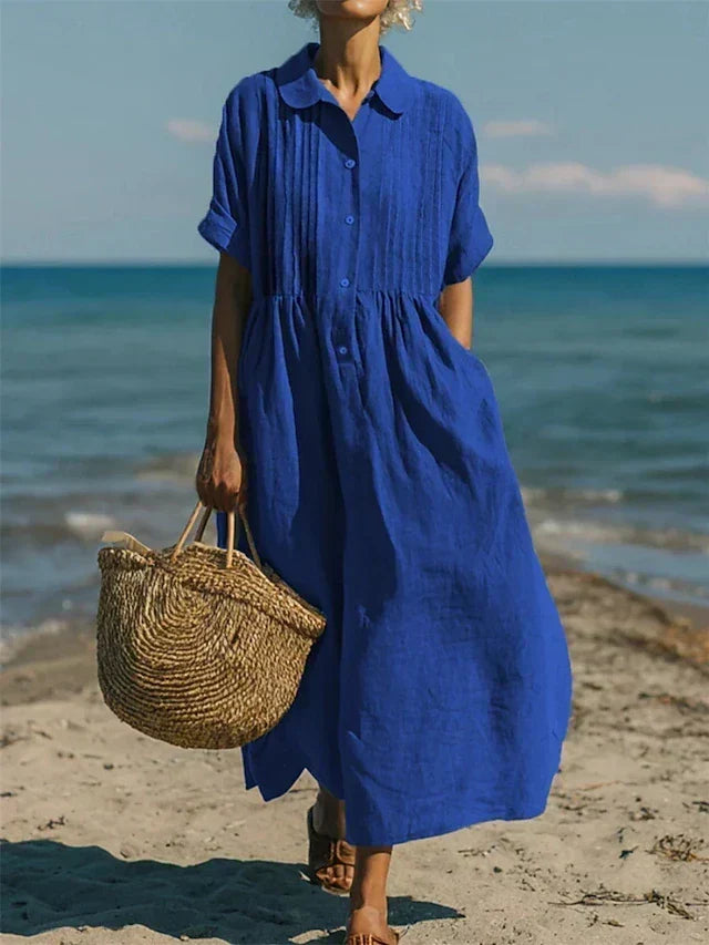 Casual button-down dress with relaxed fit and mid sleeves for women