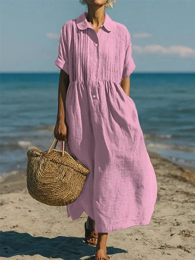 Casual button-down dress with relaxed fit and mid sleeves for women