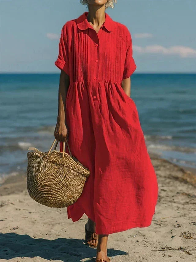 Casual button-down dress with relaxed fit and mid sleeves for women