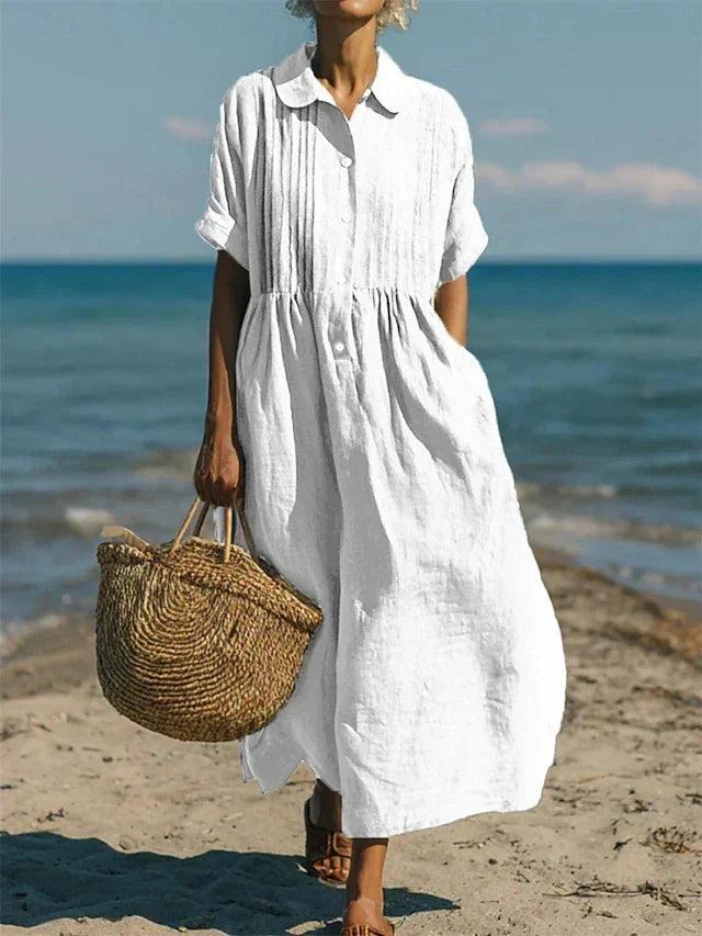 Casual button-down dress with relaxed fit and mid sleeves for women