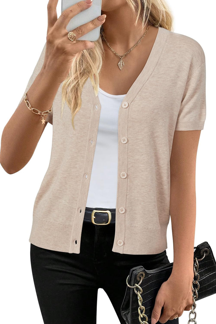 Short sleeve knit cardigan wool blend with button front for women