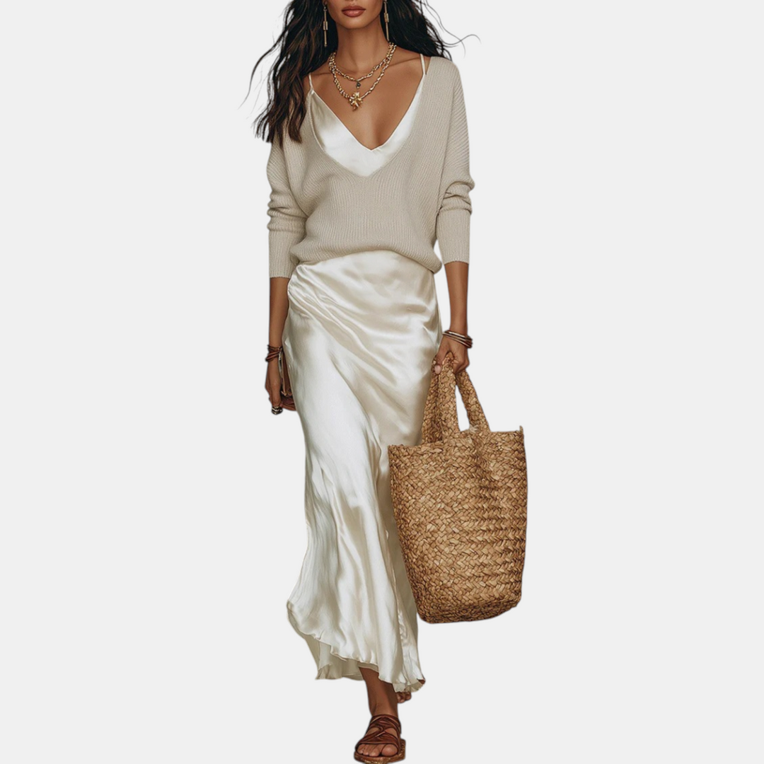 Knit sweater and satin midi skirt set two-piece for women