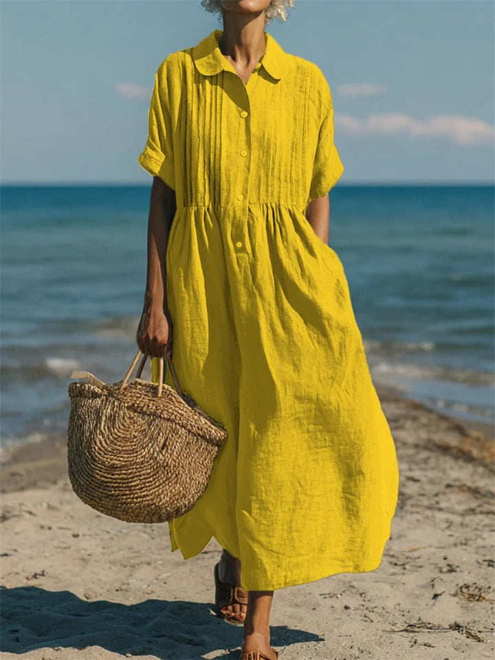 Casual button-down dress with relaxed fit and mid sleeves for women