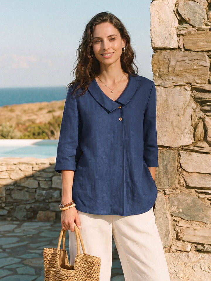Linen pleat top with asymmetric collar for women