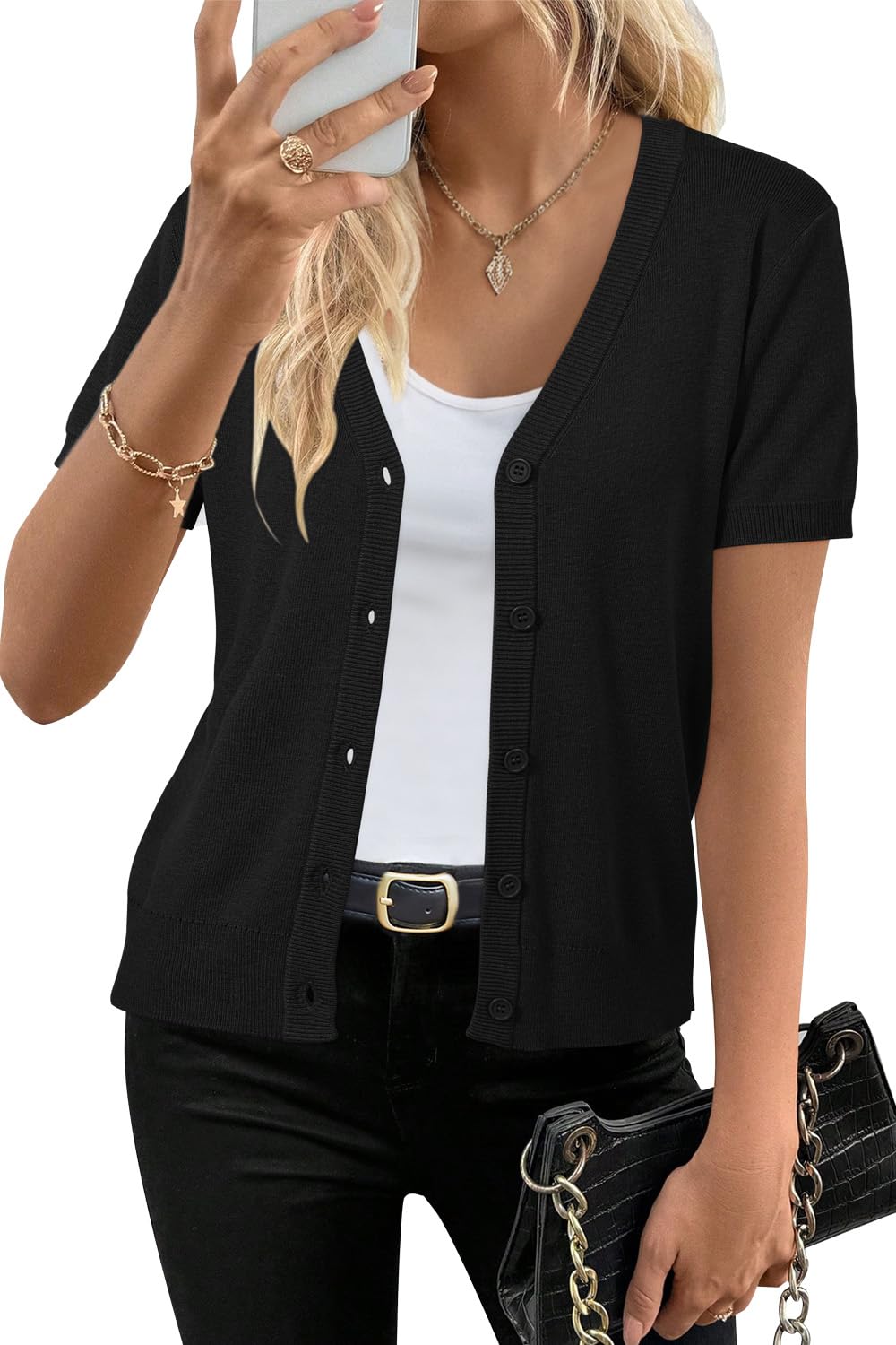 Short sleeve knit cardigan wool blend with button front for women