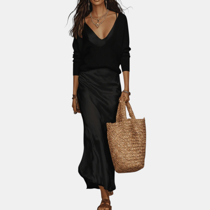 Knit sweater and satin midi skirt set two-piece for women