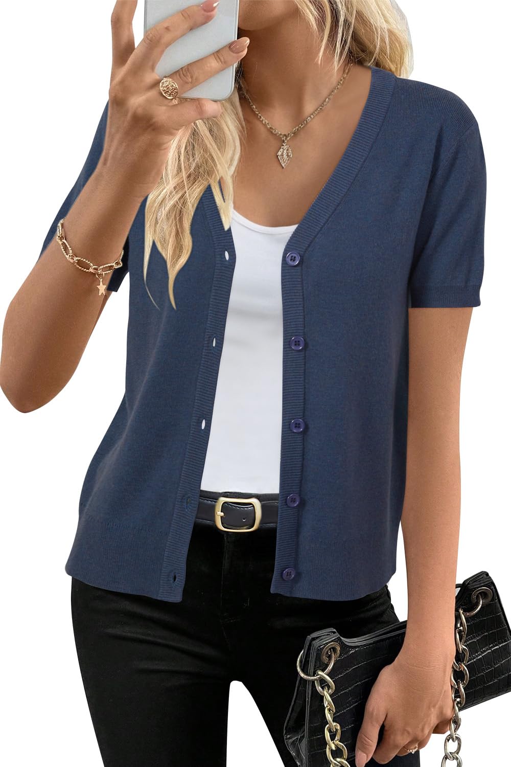 Short sleeve knit cardigan wool blend with button front for women