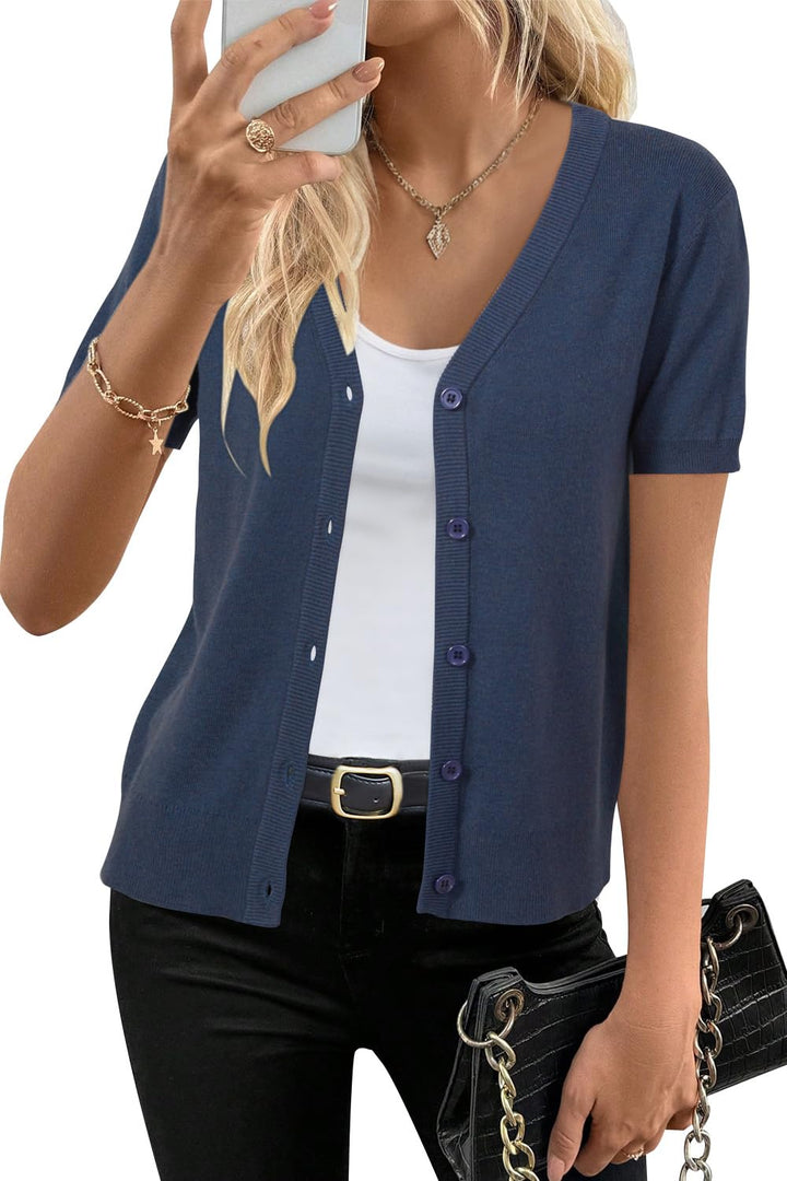Short sleeve knit cardigan wool blend with button front for women