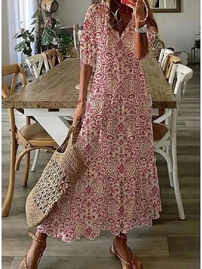 Boho Maxi Dress – V-Neck, Tassel Tie