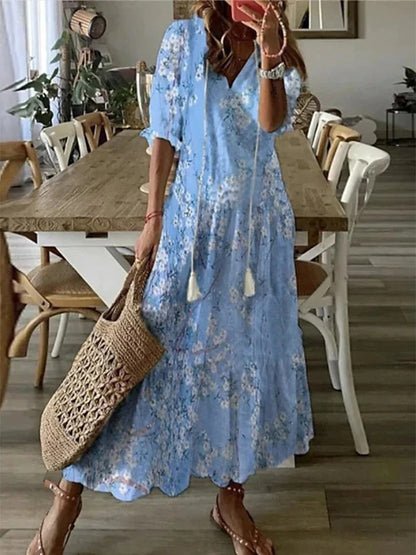 Boho Maxi Dress – V-Neck, Tassel Tie