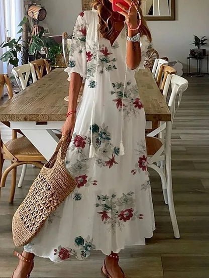 Boho Maxi Dress – V-Neck, Tassel Tie