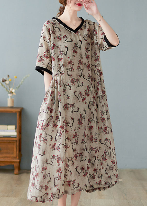Linen v-neck print dress with short sleeves for women