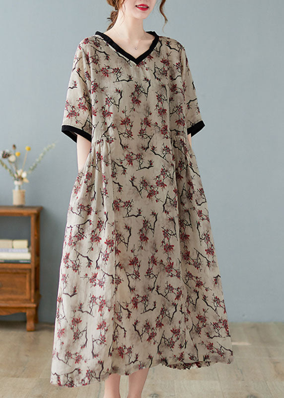 Linen v-neck print dress with short sleeves for women