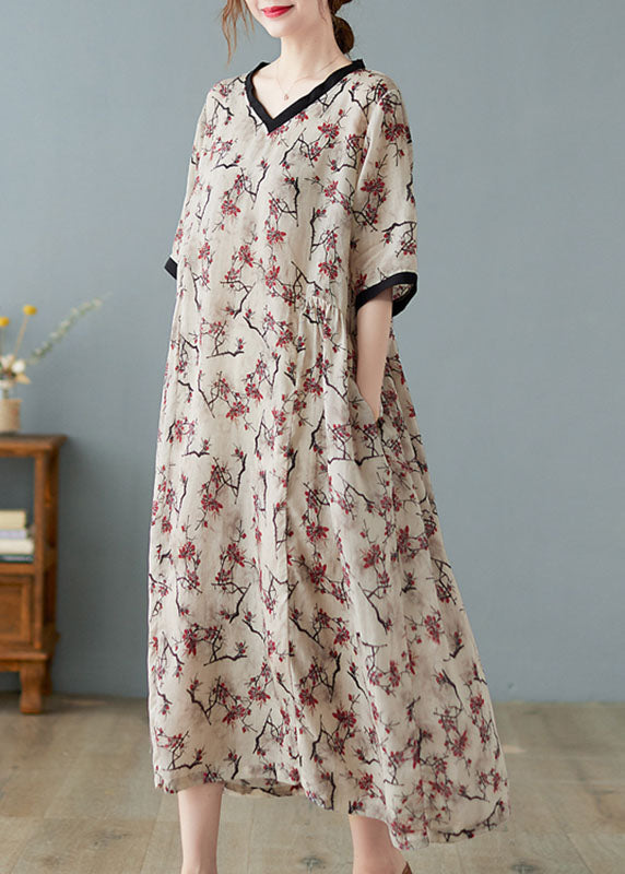Linen v-neck print dress with short sleeves for women