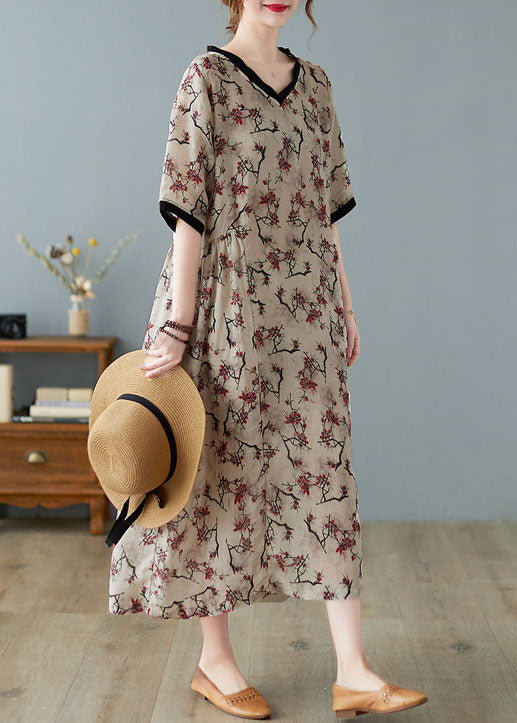 Linen v-neck print dress with short sleeves for women