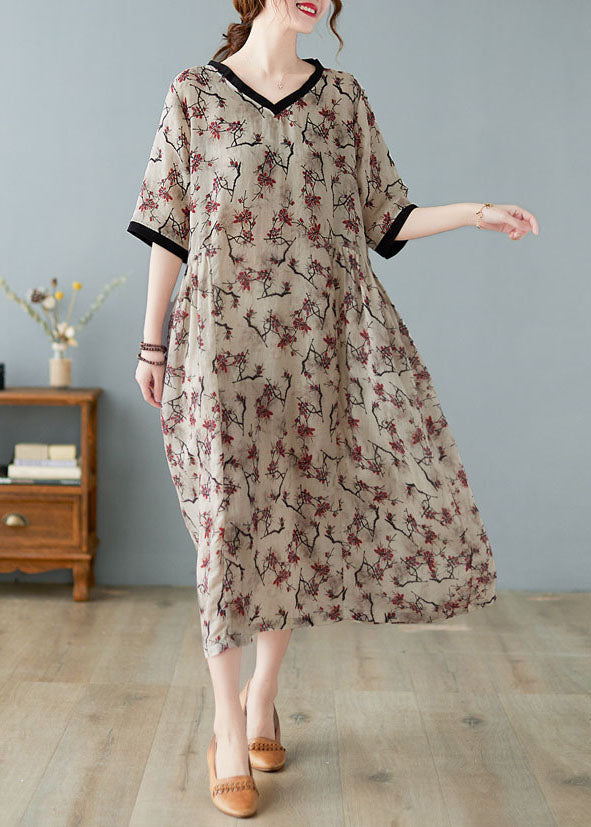Linen v-neck print dress with short sleeves for women